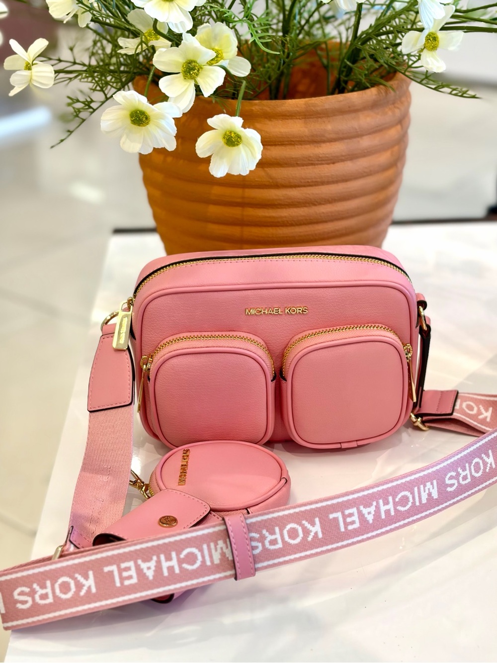 Michael Kors Pink Leather Crossbody Bag with Coin Case and Snap Pouch Carnation - Picture 12 of 14